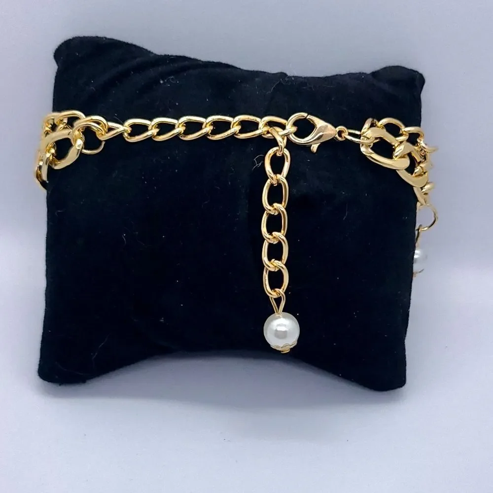 Gold Charm Bracelet Watch Faux Pearl Layered Chain Vintage Inspired Old Money